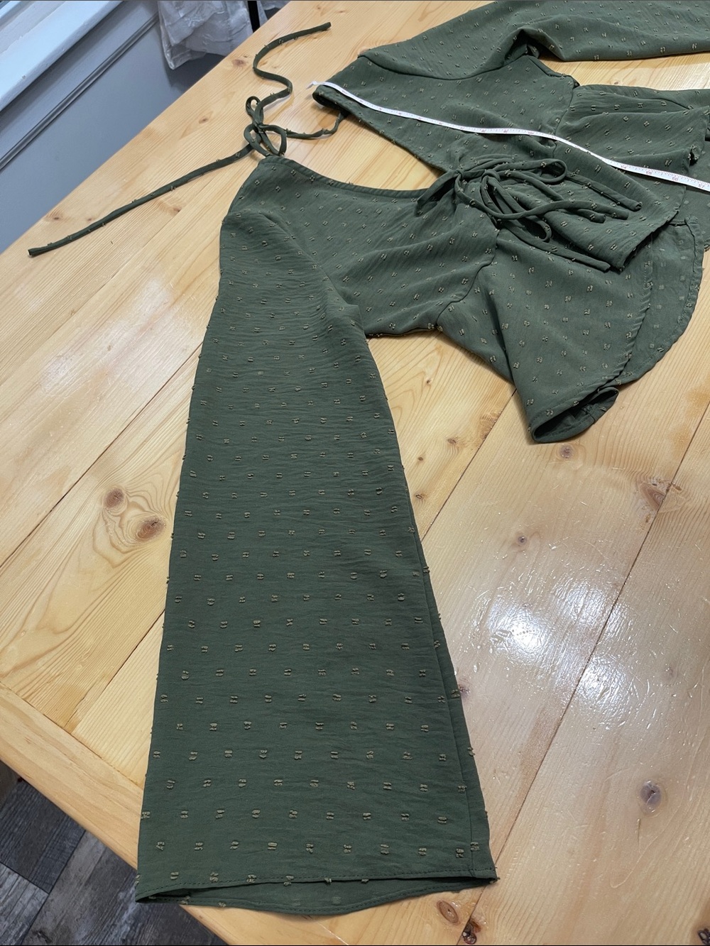 Altar’d State Swiss Dot Tie Front CropTop Bell Sleeve olive green Y2K babydoll M - Picture 12 of 16